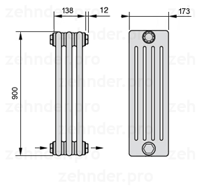 Схема (чертеж) Радиатор Zehnder Charleston 5090/3 №2670 Белый глянцевый RAL 9016